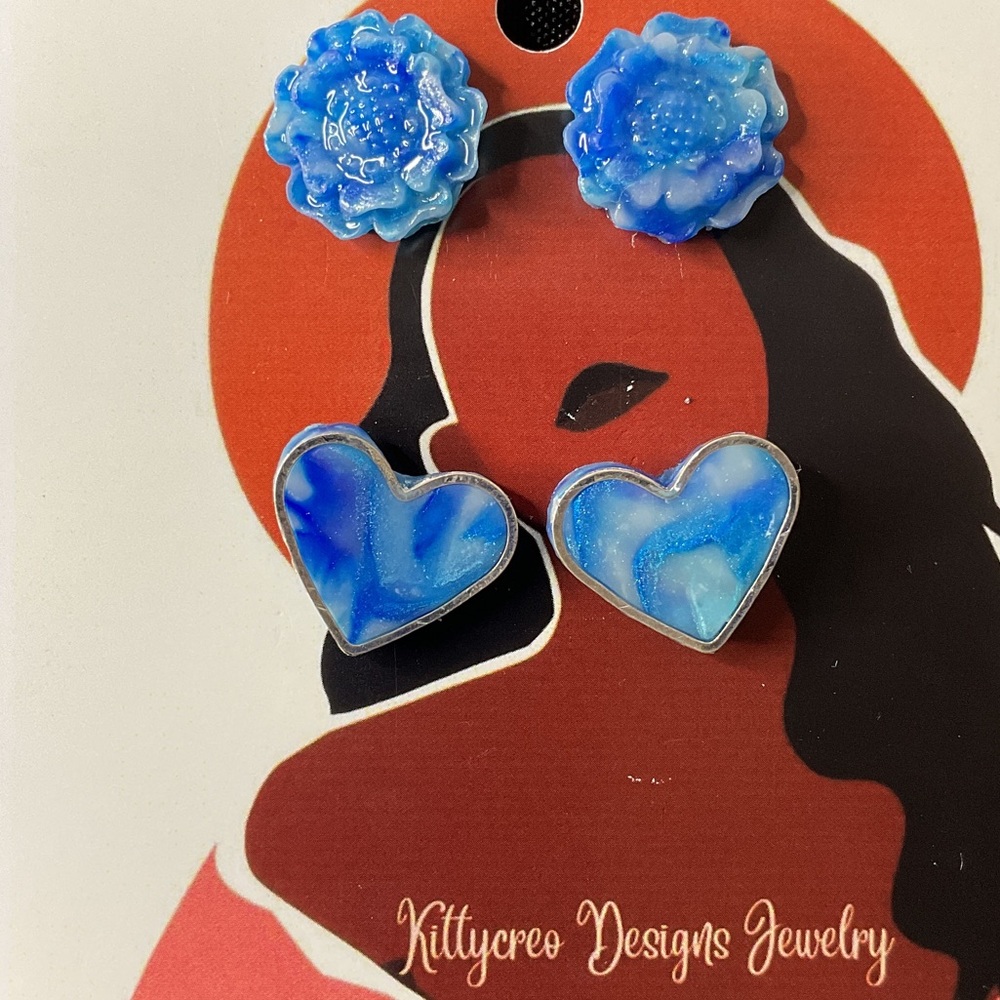 Blue Floral and Heart Artisan Earrings